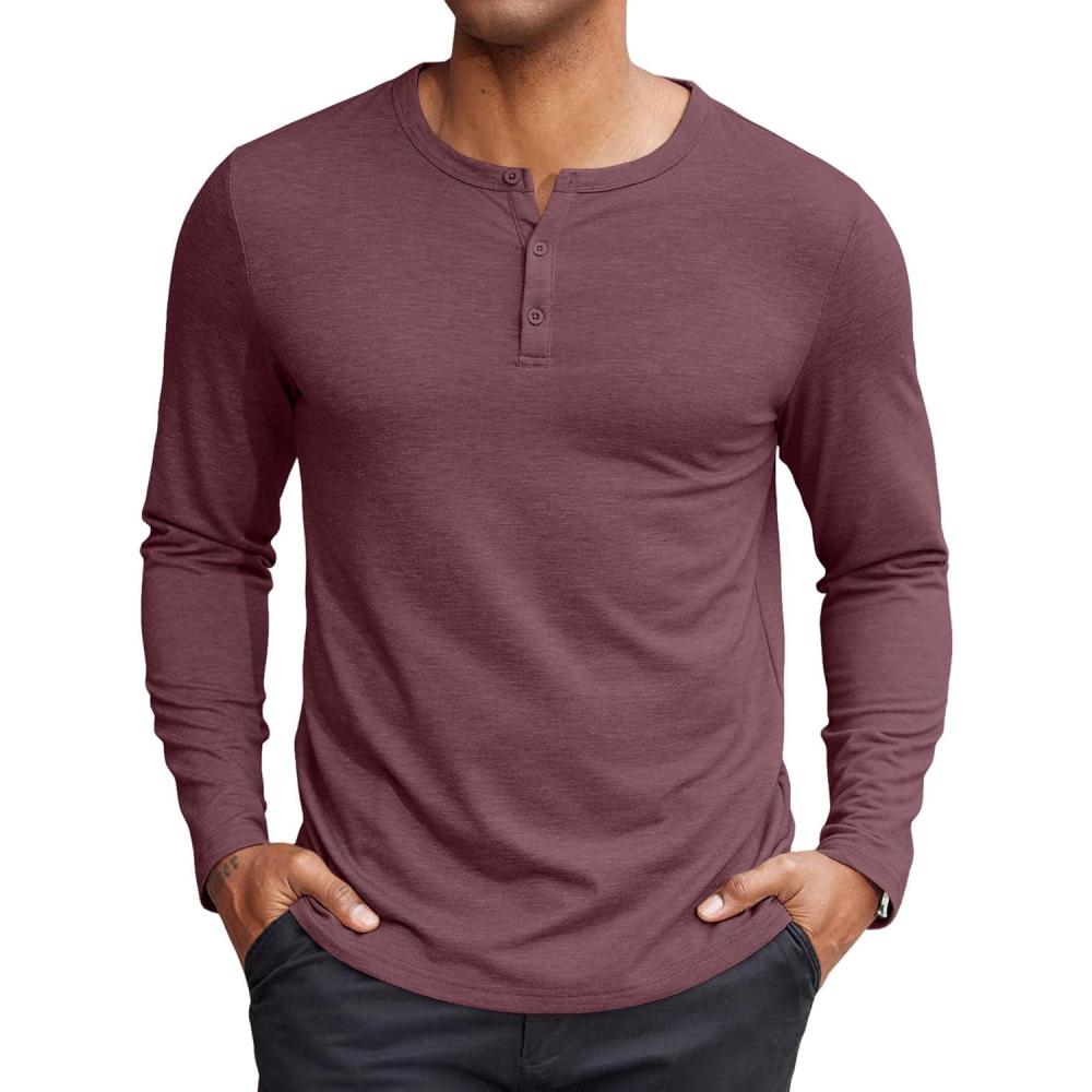 imageCOOFANDY Henley Shirts for Men Long Sleeve T Shirts Textured Casual Stretch Fashion Pullover Lightweight Fall TopsDark Red