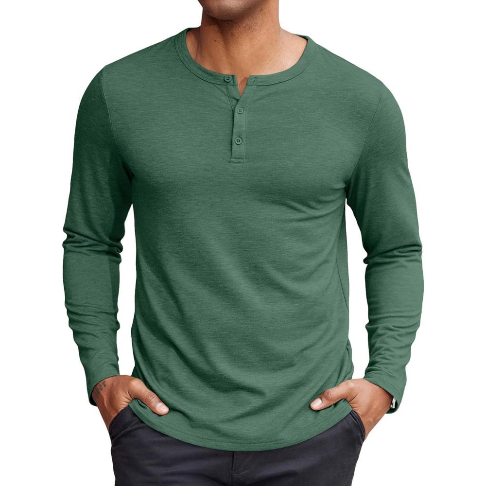 imageCOOFANDY Henley Shirts for Men Long Sleeve T Shirts Textured Casual Stretch Fashion Pullover Lightweight Fall TopsGreen