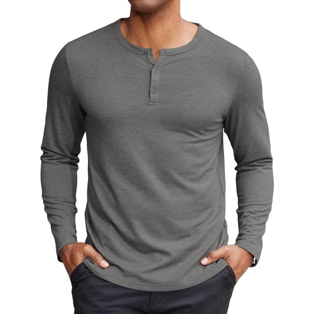 imageCOOFANDY Henley Shirts for Men Long Sleeve T Shirts Textured Casual Stretch Fashion Pullover Lightweight Fall TopsLight Grey