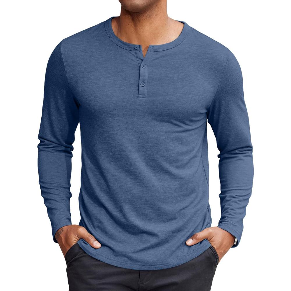imageCOOFANDY Henley Shirts for Men Long Sleeve T Shirts Textured Casual Stretch Fashion Pullover Lightweight Fall TopsNavy