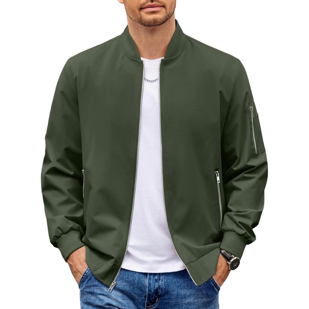 imageCOOFANDY Men Bomber Jacket Lightweight Casual Windbreaker Zip Up Coat Fashion Stylish Fall Jackets with PocketArmy Green