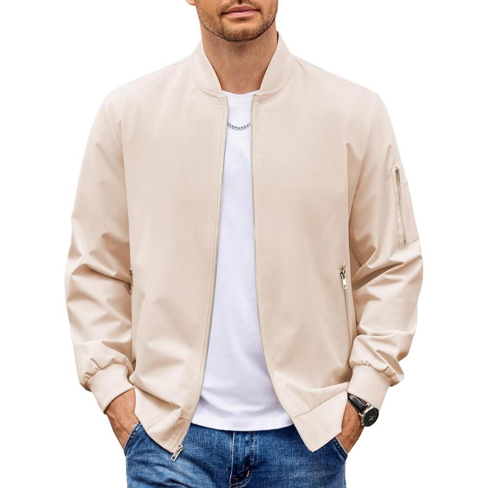 imageCOOFANDY Men Bomber Jacket Lightweight Casual Windbreaker Zip Up Coat Fashion Stylish Fall Jackets with PocketBeige