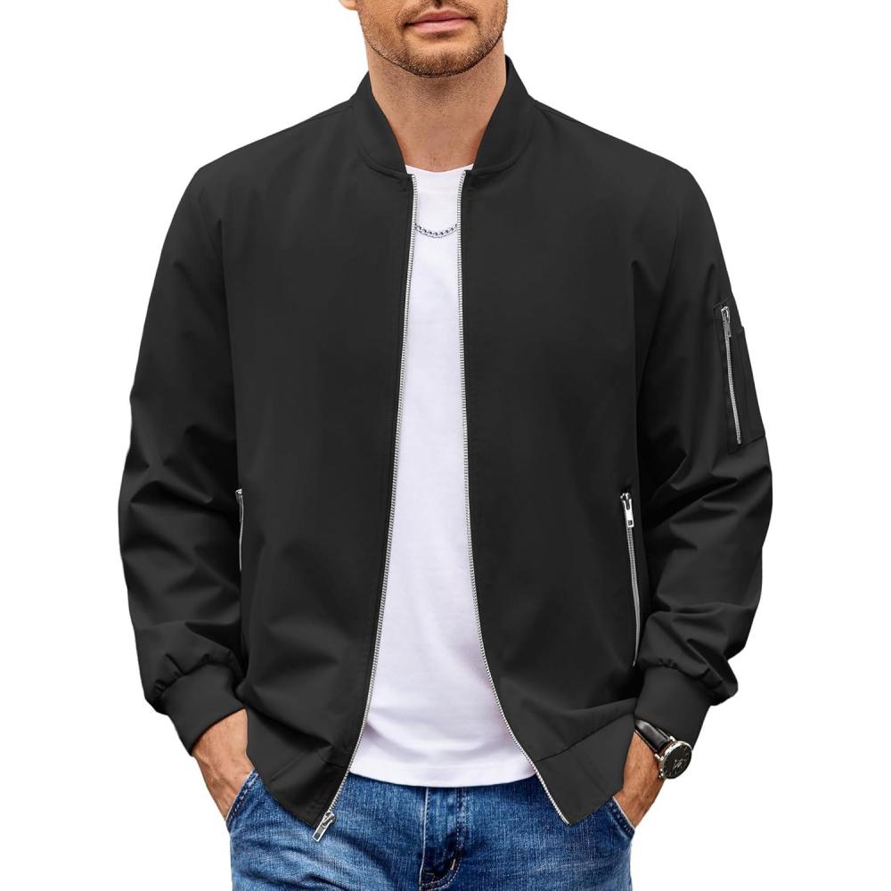 imageCOOFANDY Men Bomber Jacket Lightweight Casual Windbreaker Zip Up Coat Fashion Stylish Fall Jackets with PocketBlack