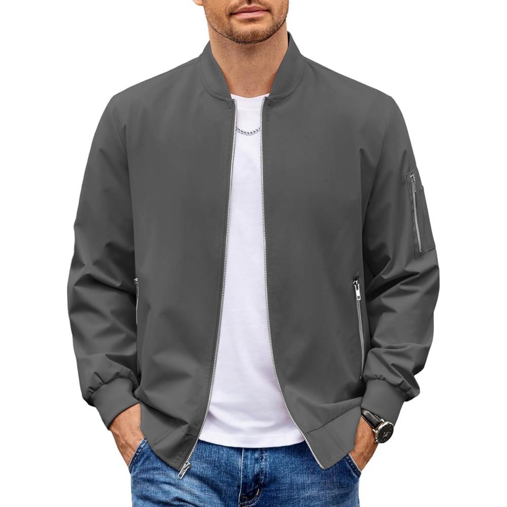 imageCOOFANDY Men Bomber Jacket Lightweight Casual Windbreaker Zip Up Coat Fashion Stylish Fall Jackets with PocketDark Grey