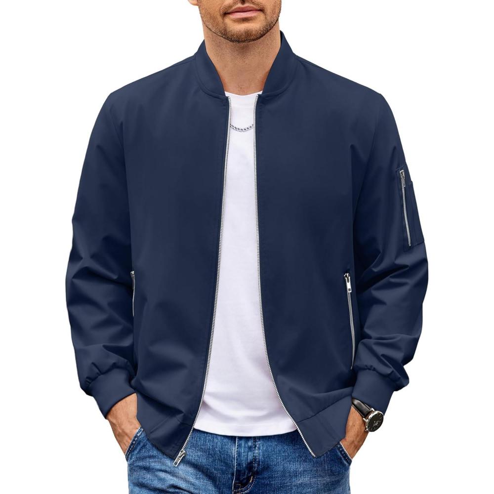 imageCOOFANDY Men Bomber Jacket Lightweight Casual Windbreaker Zip Up Coat Fashion Stylish Fall Jackets with PocketNavy