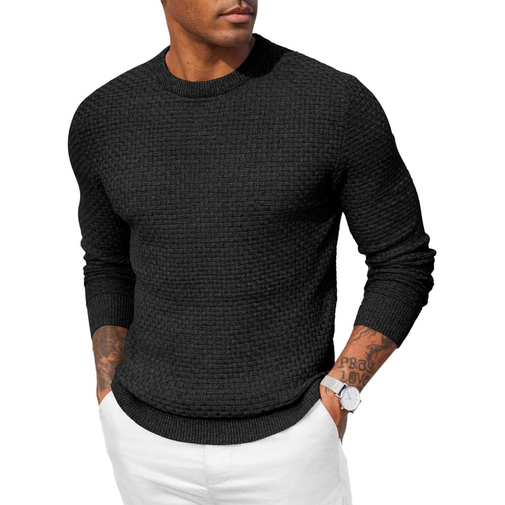 imageCOOFANDY Men Dress Crewneck Sweater Pullover Knit Long Sleeve Casual Slim Fit SweaterAblack
