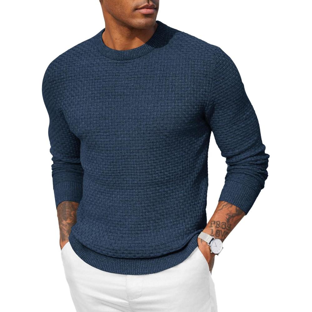 imageCOOFANDY Men Dress Crewneck Sweater Pullover Knit Long Sleeve Casual Slim Fit SweaterBlue