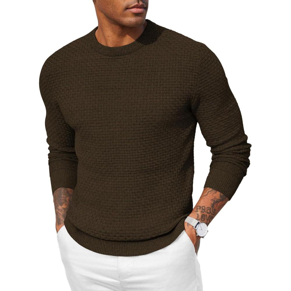 imageCOOFANDY Men Dress Crewneck Sweater Pullover Knit Long Sleeve Casual Slim Fit SweaterBrown