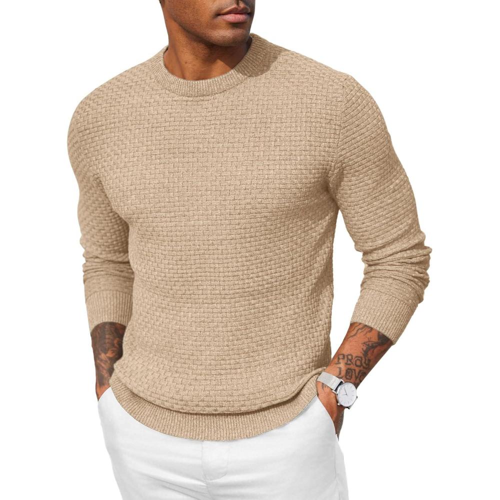 imageCOOFANDY Men Dress Crewneck Sweater Pullover Knit Long Sleeve Casual Slim Fit SweaterCamel