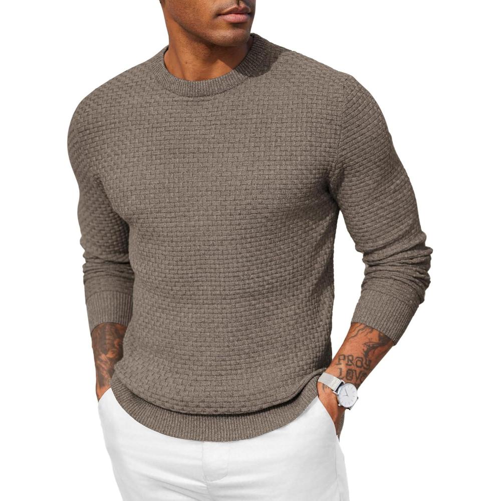 imageCOOFANDY Men Dress Crewneck Sweater Pullover Knit Long Sleeve Casual Slim Fit SweaterDark Brown