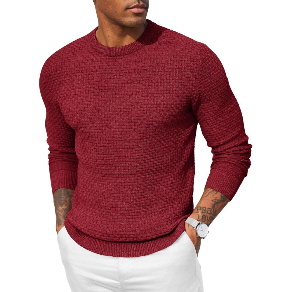 imageCOOFANDY Men Dress Crewneck Sweater Pullover Knit Long Sleeve Casual Slim Fit SweaterDark Red