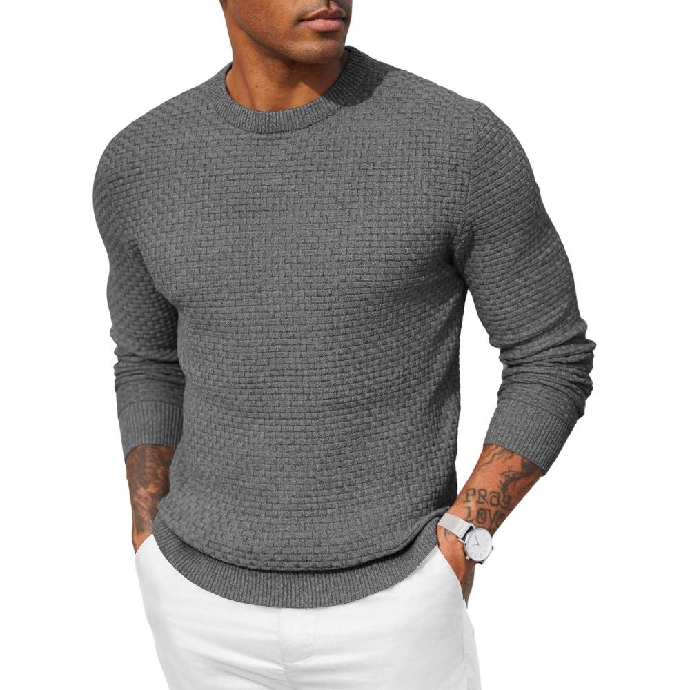 imageCOOFANDY Men Dress Crewneck Sweater Pullover Knit Long Sleeve Casual Slim Fit SweaterGray