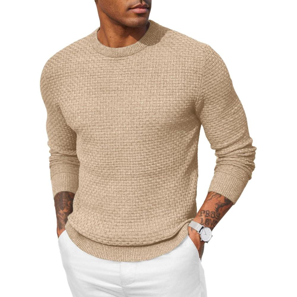 imageCOOFANDY Men Dress Crewneck Sweater Pullover Knit Long Sleeve Casual Slim Fit SweaterKhaki