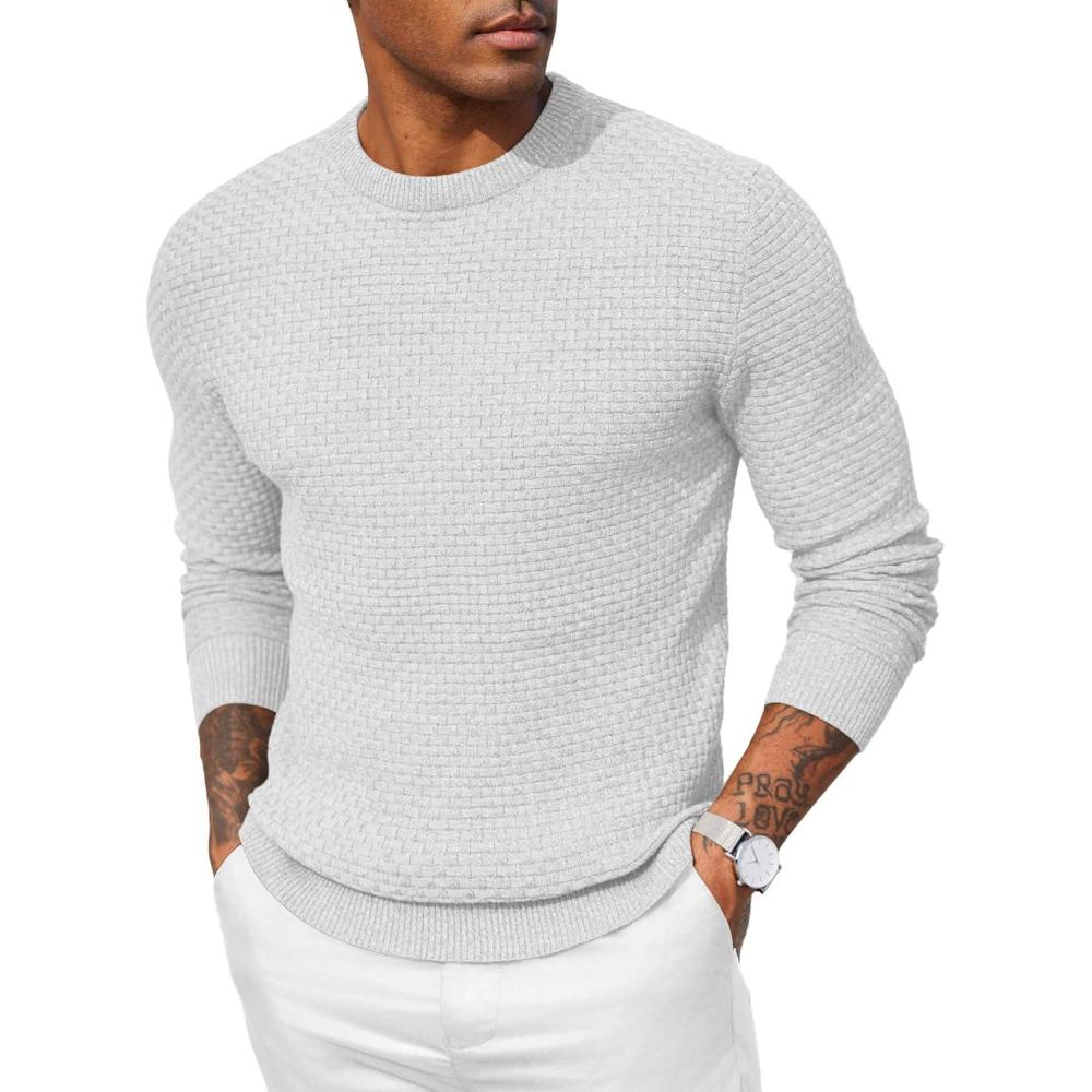 imageCOOFANDY Men Dress Crewneck Sweater Pullover Knit Long Sleeve Casual Slim Fit SweaterWhite