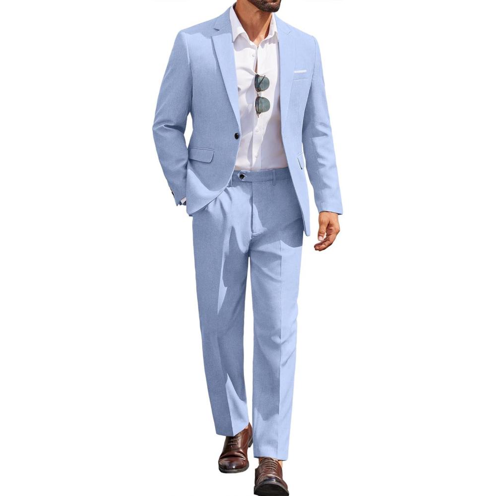 imageCOOFANDY Men Suits Classic Fit 2 Piece Suit Set One Button Casual Blazer Wedding Bussiness Suit SeparatesLight Blue