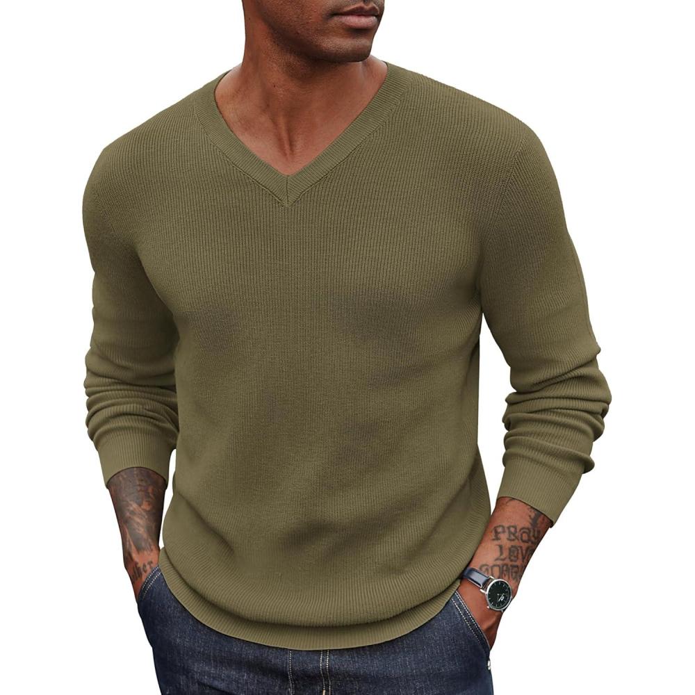 imageCOOFANDY Men V Neck Dress Sweater Knit Long Sleeve Casual Slim Fit Pullover SweaterArmy Green