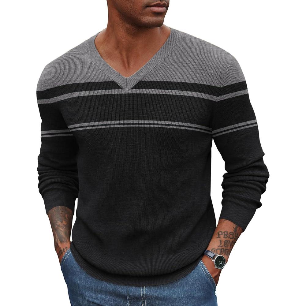 imageCOOFANDY Men V Neck Dress Sweater Knit Long Sleeve Casual Slim Fit Pullover SweaterBlack  Dark Heather Grey
