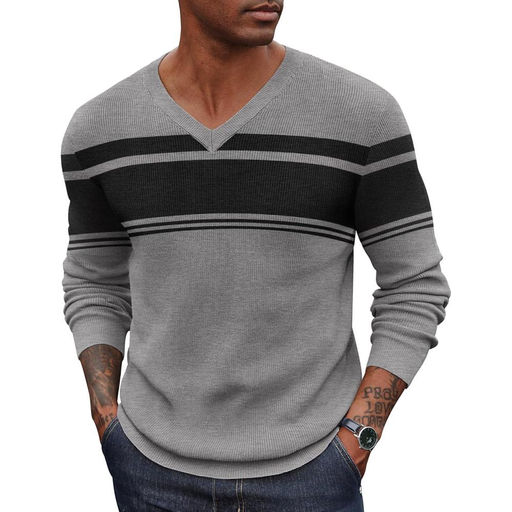 imageCOOFANDY Men V Neck Dress Sweater Knit Long Sleeve Casual Slim Fit Pullover SweaterBlack  Heather Grey