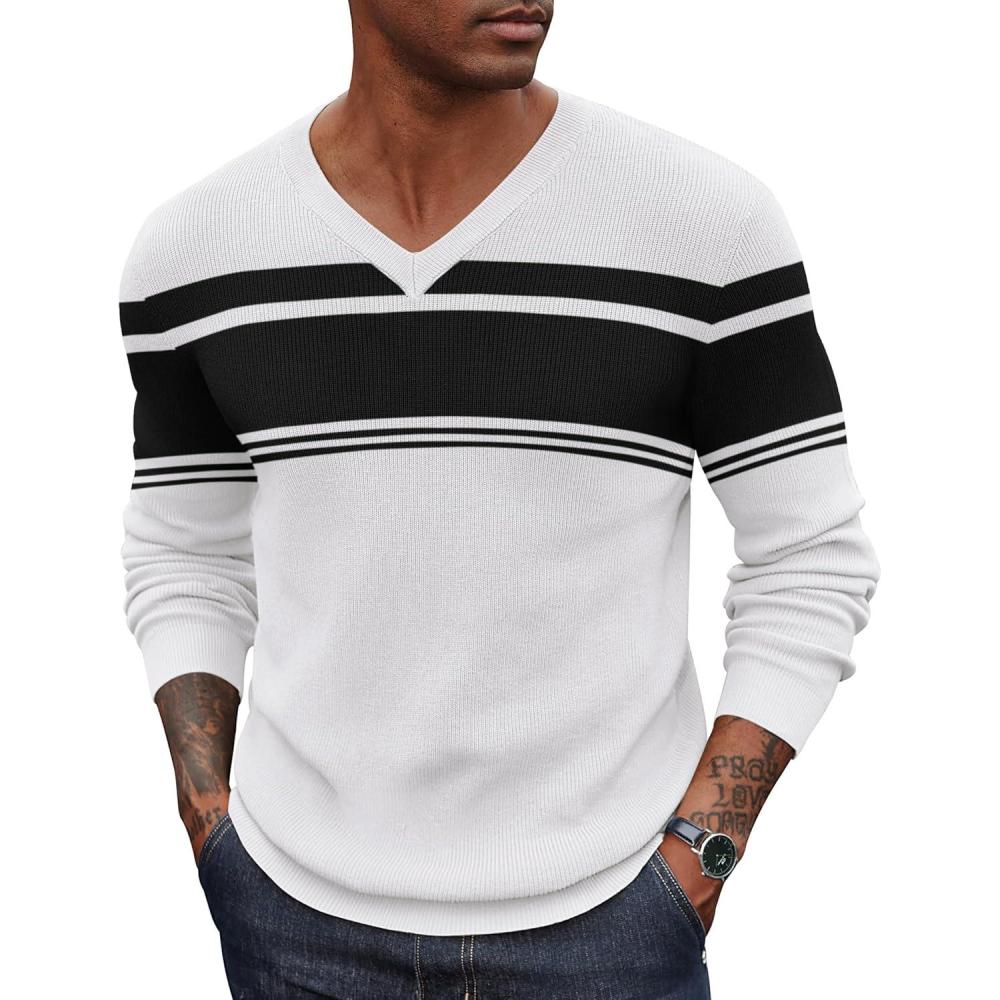 imageCOOFANDY Men V Neck Dress Sweater Knit Long Sleeve Casual Slim Fit Pullover SweaterBlack  White