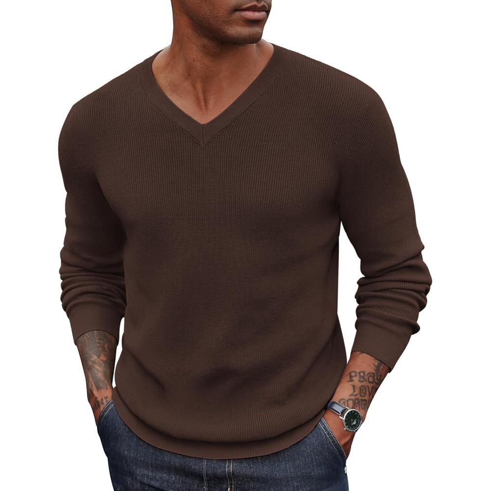 imageCOOFANDY Men V Neck Dress Sweater Knit Long Sleeve Casual Slim Fit Pullover SweaterBrown