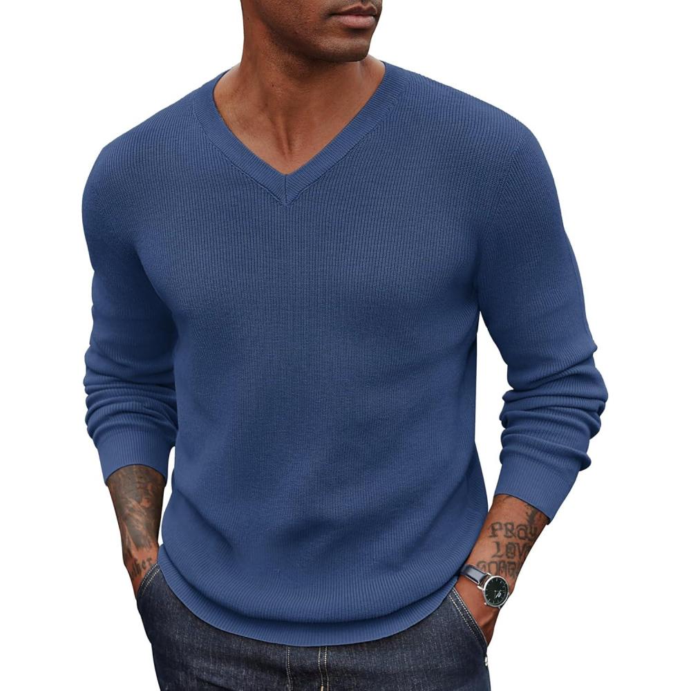 imageCOOFANDY Men V Neck Dress Sweater Knit Long Sleeve Casual Slim Fit Pullover SweaterDeep Blue