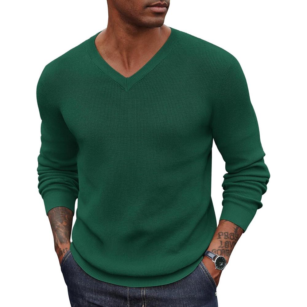 imageCOOFANDY Men V Neck Dress Sweater Knit Long Sleeve Casual Slim Fit Pullover SweaterGreen