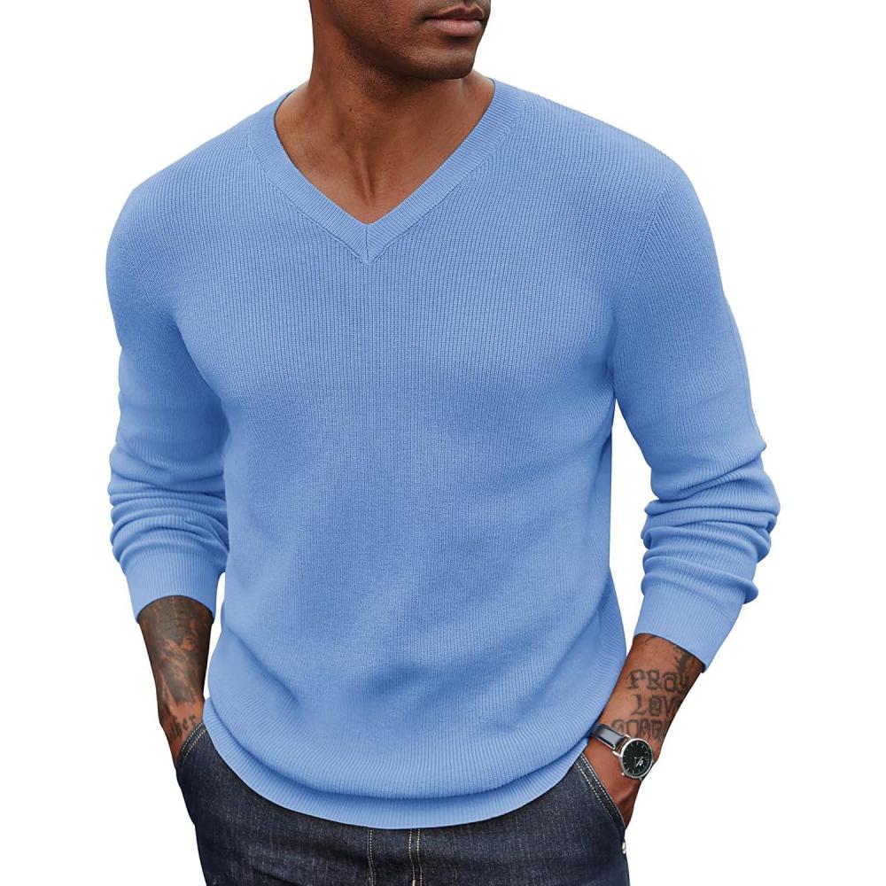imageCOOFANDY Men V Neck Dress Sweater Knit Long Sleeve Casual Slim Fit Pullover SweaterLight Blue