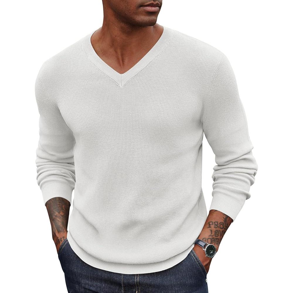 imageCOOFANDY Men V Neck Dress Sweater Knit Long Sleeve Casual Slim Fit Pullover SweaterWhite