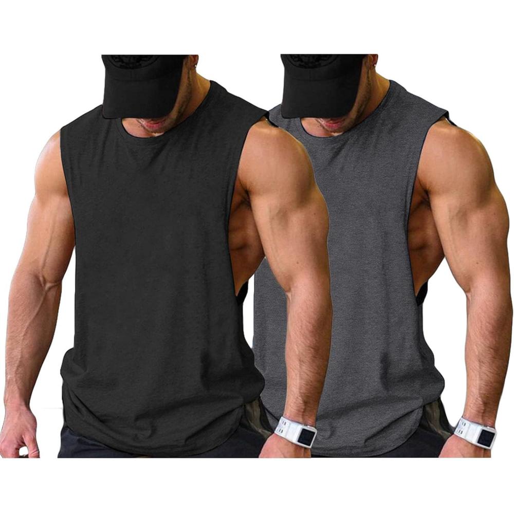 imageCOOFANDY Men Workout Tank Top 2 Pack Gym Bodybuilding Sleeveless Muscle T ShirtsBlackDark Grey2pcs