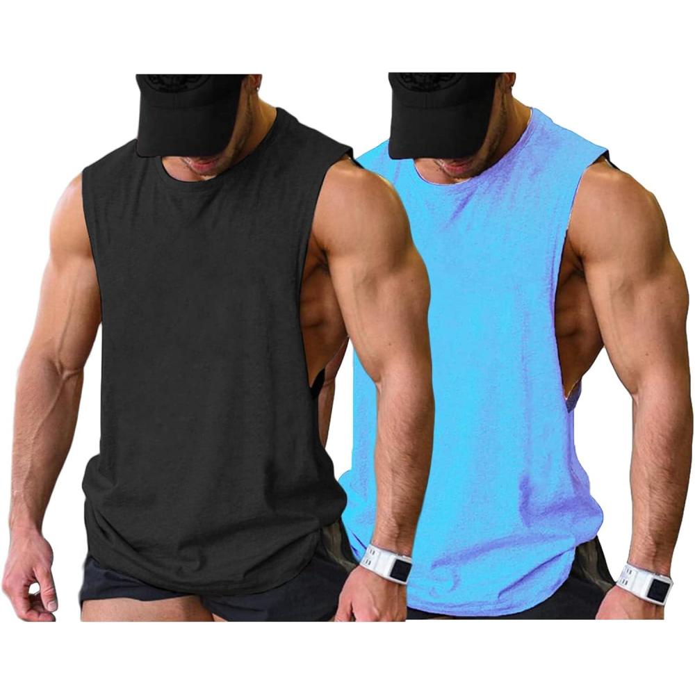 imageCOOFANDY Men Workout Tank Top 2 Pack Gym Bodybuilding Sleeveless Muscle T ShirtsBlackLight Blue2pcs
