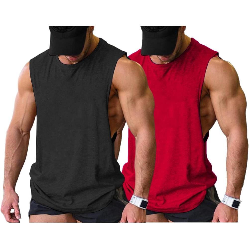 imageCOOFANDY Men Workout Tank Top 2 Pack Gym Bodybuilding Sleeveless Muscle T ShirtsBlackRed2pcs