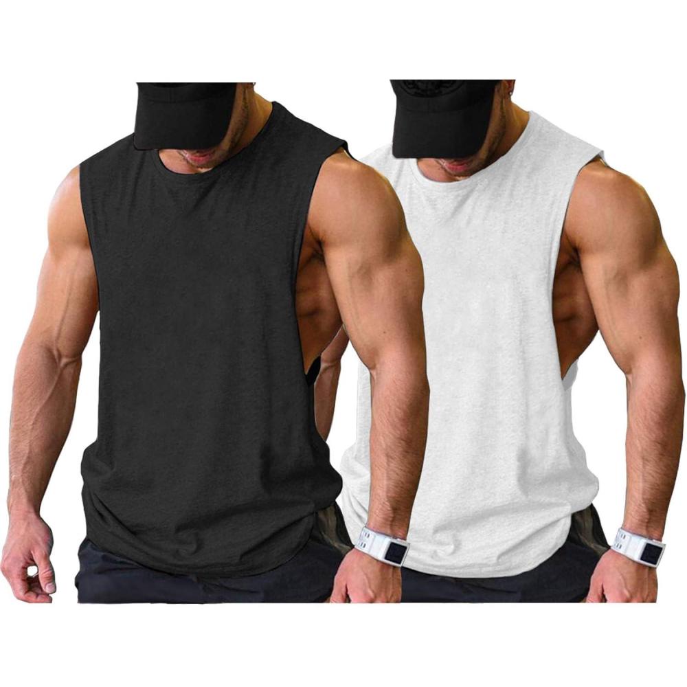 imageCOOFANDY Men Workout Tank Top 2 Pack Gym Bodybuilding Sleeveless Muscle T ShirtsBlackWhite2pcs