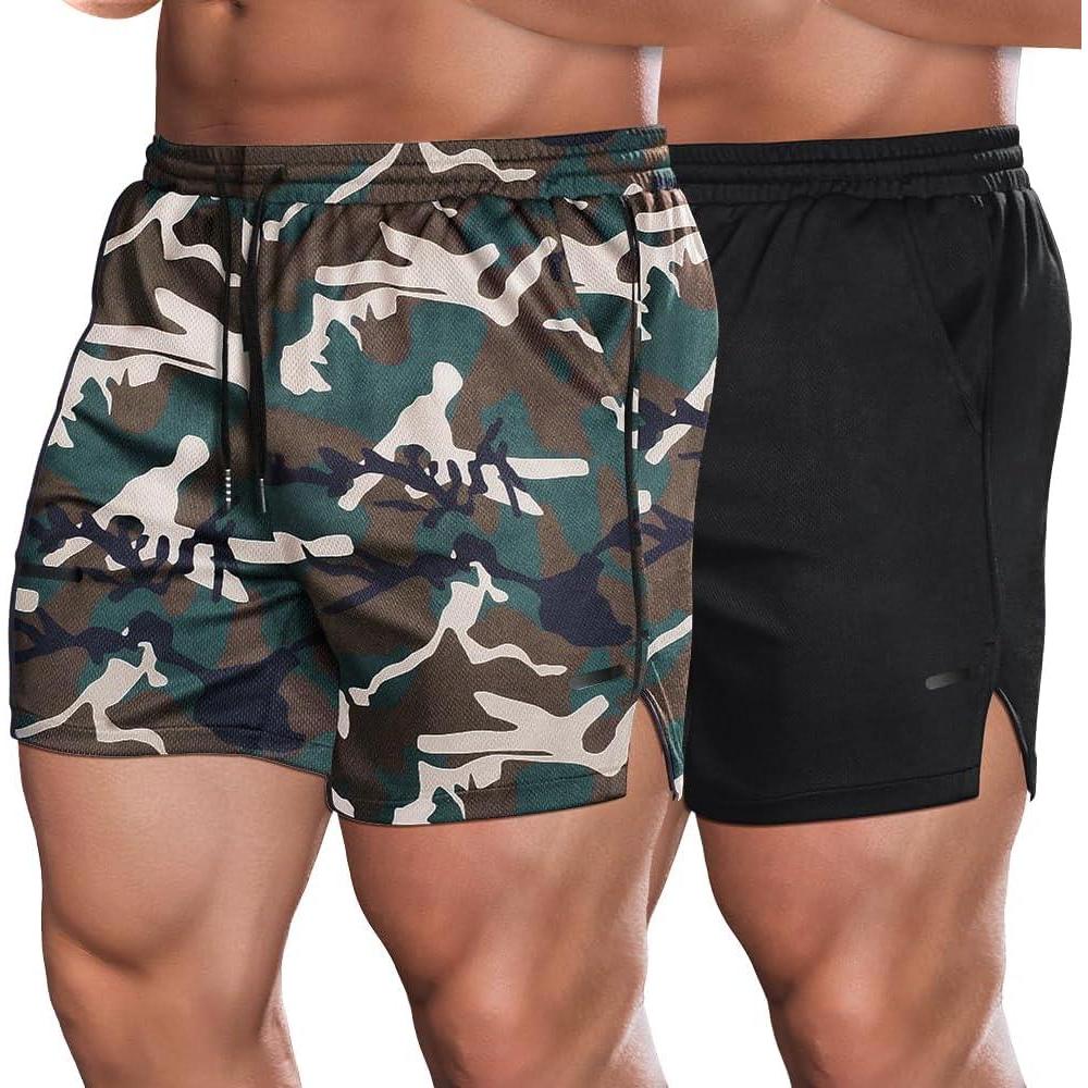 imageCOOFANDY Mens 2 Pack Gym Workout Shorts Quick Dry Athletic Shorts 5 Inch Lightweight Sports Running Shorts with PocketsBlackArmy Green Camo