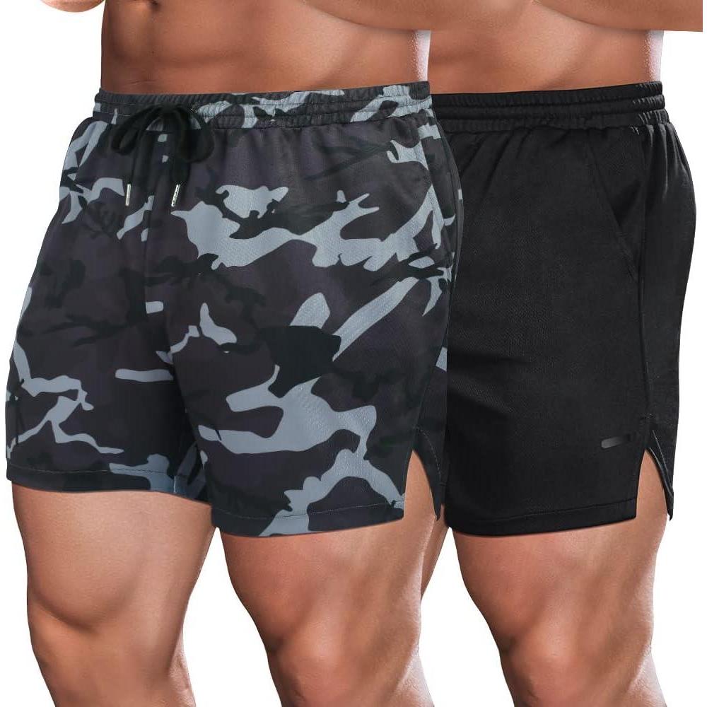 imageCOOFANDY Mens 2 Pack Gym Workout Shorts Quick Dry Athletic Shorts 5 Inch Lightweight Sports Running Shorts with PocketsBlackGrey Camo
