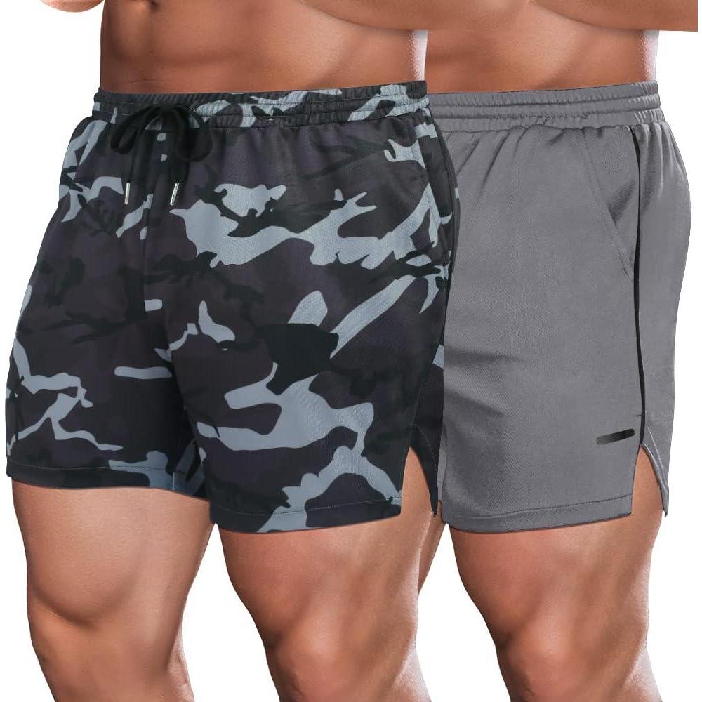 imageCOOFANDY Mens 2 Pack Gym Workout Shorts Quick Dry Athletic Shorts 5 Inch Lightweight Sports Running Shorts with PocketsDark GrayGrey Camo