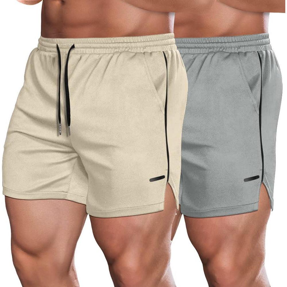 imageCOOFANDY Mens 2 Pack Gym Workout Shorts Quick Dry Athletic Shorts 5 Inch Lightweight Sports Running Shorts with PocketsKhakiGrey