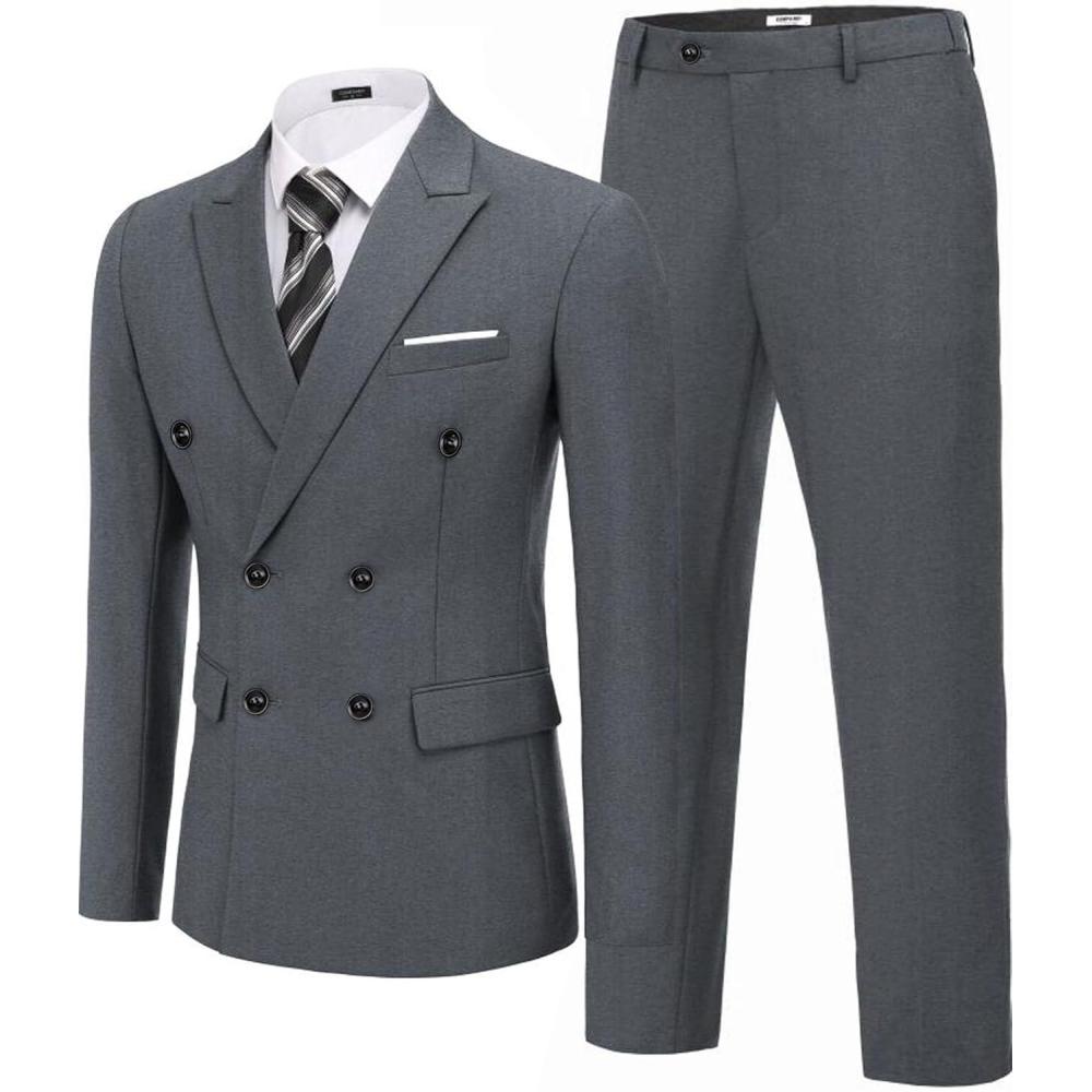 imageCOOFANDY Mens 2 Piece Double Breasted Suits Slim Fit Tuxedo Jacket and Dress Pants Set for Wedding Business PromHeather Grey