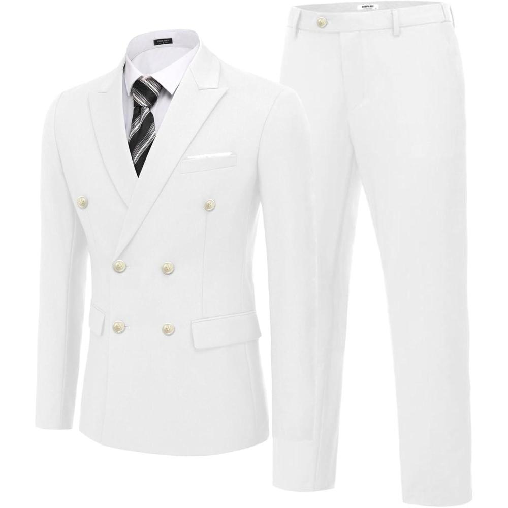 imageCOOFANDY Mens 2 Piece Double Breasted Suits Slim Fit Tuxedo Jacket and Dress Pants Set for Wedding Business PromWhite