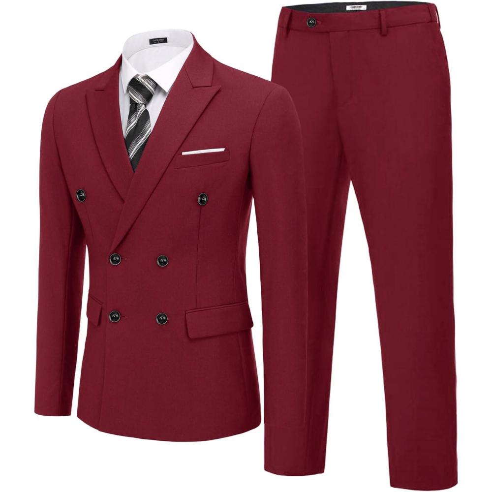 imageCOOFANDY Mens 2 Piece Double Breasted Suits Slim Fit Tuxedo Jacket and Dress Pants Set for Wedding Business PromWine Red