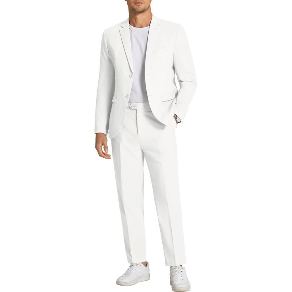 imageCOOFANDY Mens 2 Piece Linen Suits Set Regular Fit Casual Linen Lightweight Suit Summer Beach WeddingWhite
