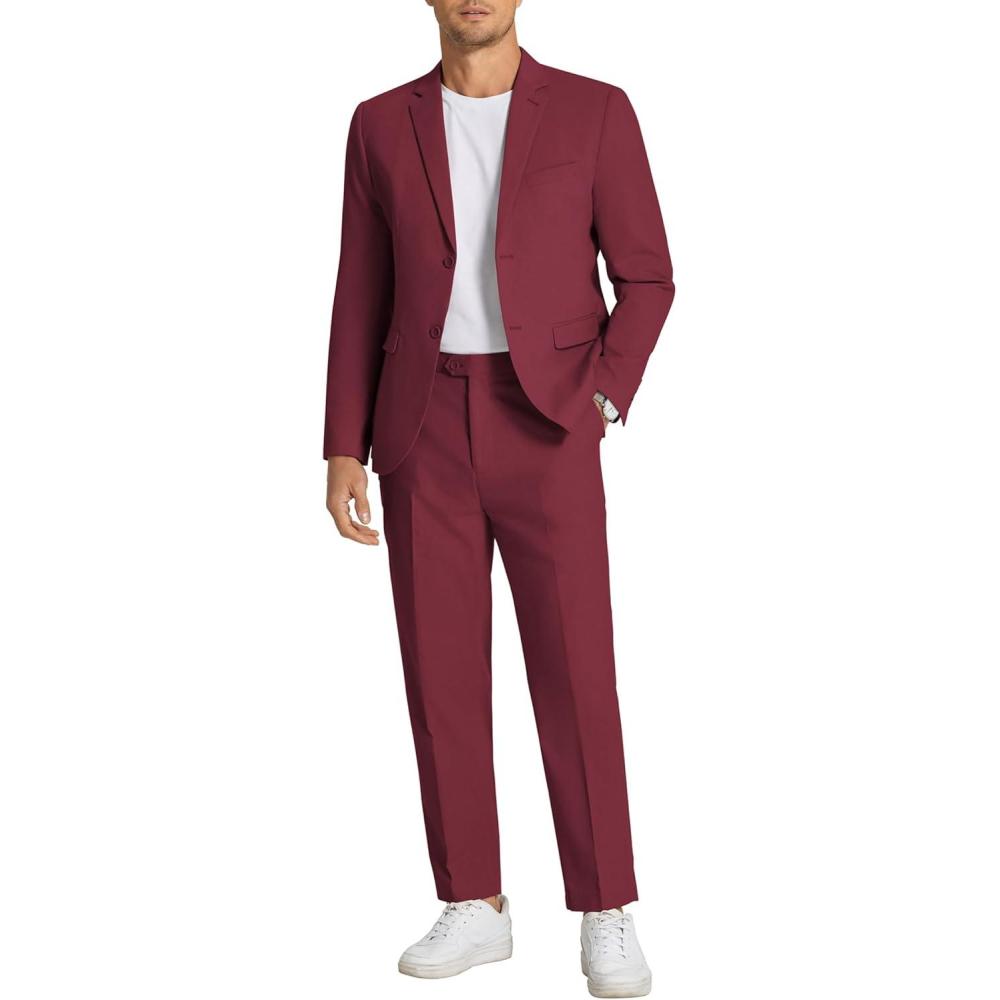 imageCOOFANDY Mens 2 Piece Linen Suits Set Regular Fit Casual Linen Lightweight Suit Summer Beach WeddingWine Red