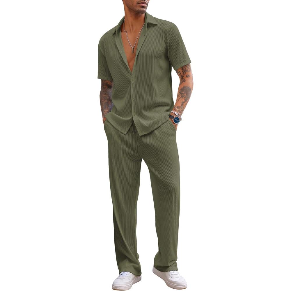 imageCOOFANDY Mens 2 Piece Outfit Casual Short Sleeve Button Down Shirt Beach Summer Loose Pant SetsArmy Green