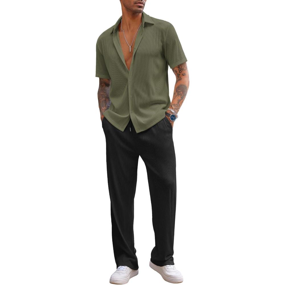 imageCOOFANDY Mens 2 Piece Outfit Casual Short Sleeve Button Down Shirt Beach Summer Loose Pant SetsArmy Green Black