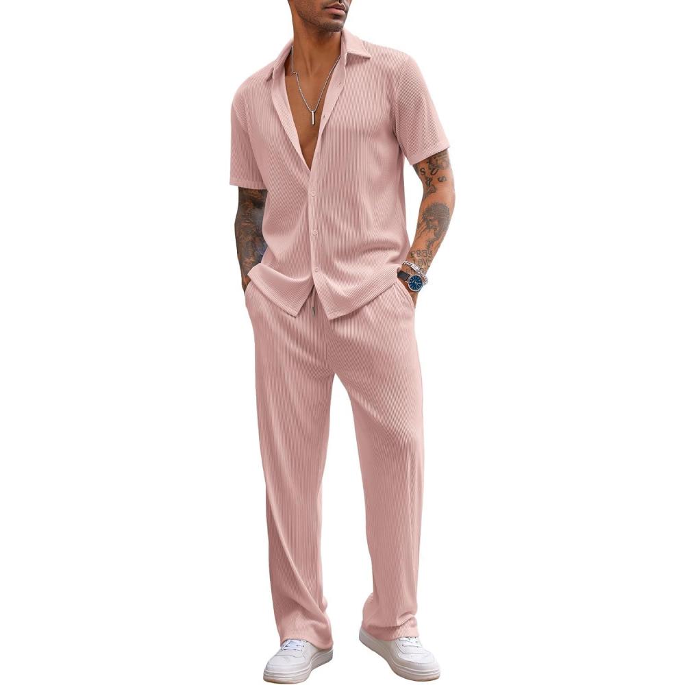 imageCOOFANDY Mens 2 Piece Outfit Casual Short Sleeve Button Down Shirt Beach Summer Loose Pant SetsLight Pink