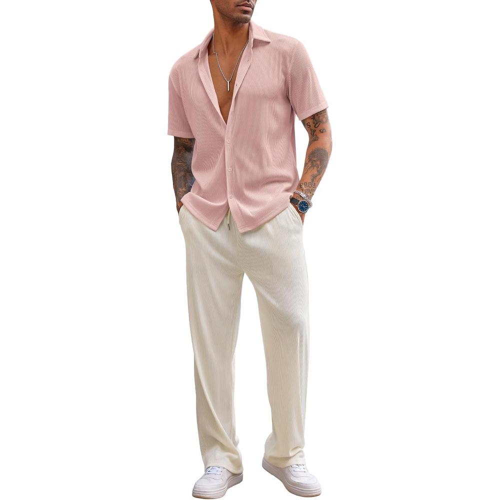 imageCOOFANDY Mens 2 Piece Outfit Casual Short Sleeve Button Down Shirt Beach Summer Loose Pant SetsLight Pink Beige
