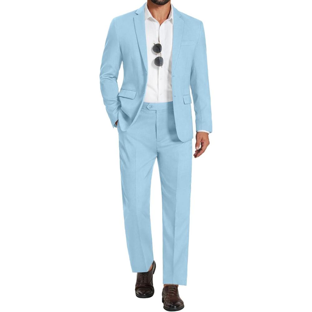 imageCOOFANDY Mens 2 Piece Suit Slim Fit 2 Button Formal Jacket Suits Pants Set for Wedding Business PromLight Blue