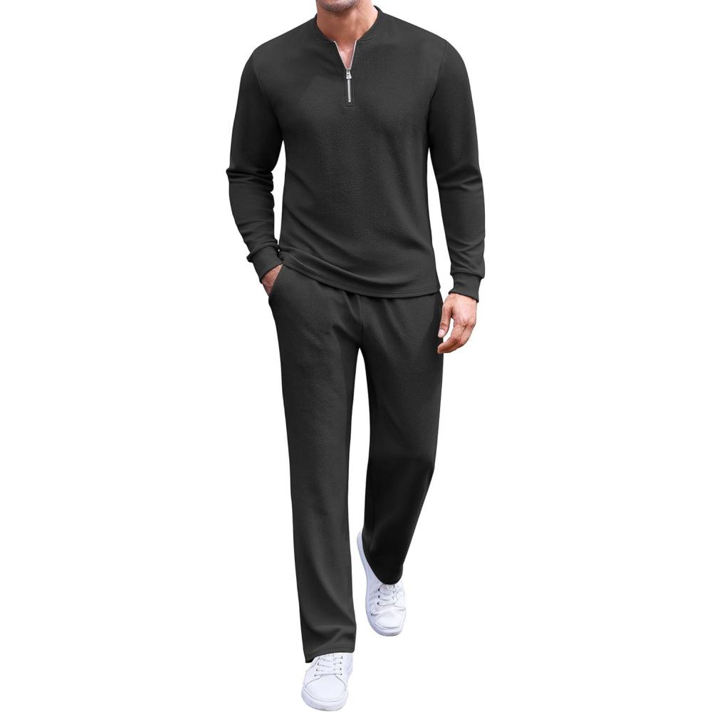 imageCOOFANDY Mens 2 Piece Tracksuit Set Polo Athletic Sweatsuit Quarter Zip Jogging Long Sleeve Casual Sports OutfitsAll Black