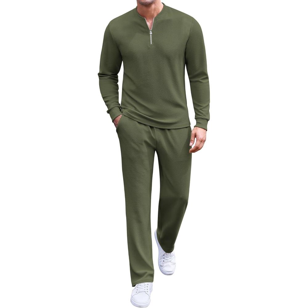 imageCOOFANDY Mens 2 Piece Tracksuit Set Polo Athletic Sweatsuit Quarter Zip Jogging Long Sleeve Casual Sports OutfitsArmy Green