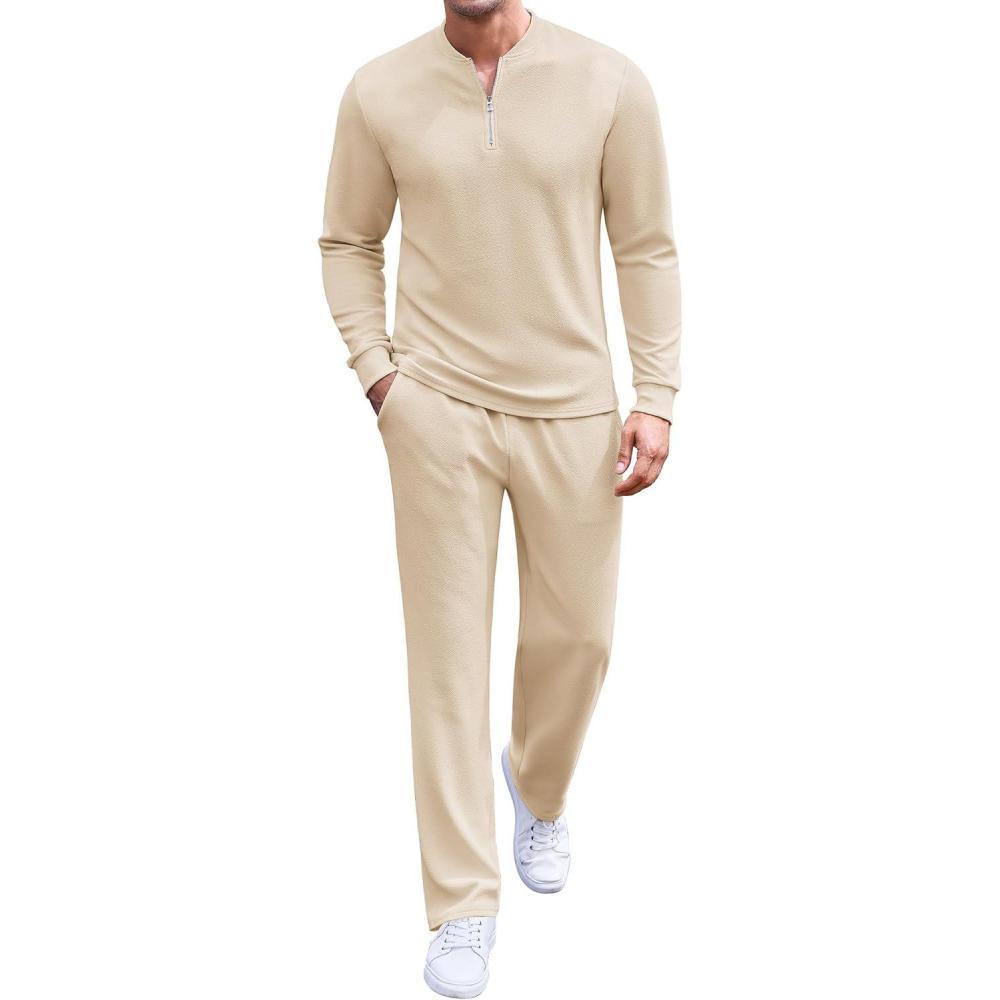 imageCOOFANDY Mens 2 Piece Tracksuit Set Polo Athletic Sweatsuit Quarter Zip Jogging Long Sleeve Casual Sports OutfitsBeige