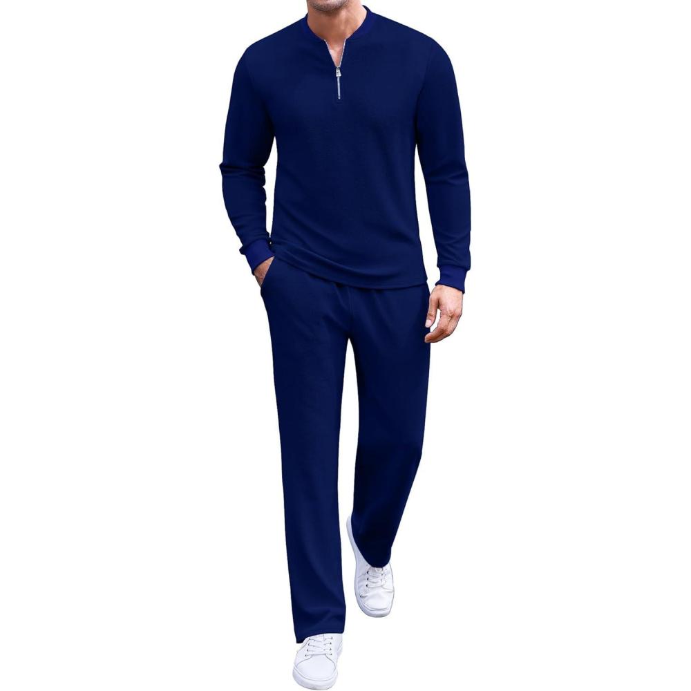 imageCOOFANDY Mens 2 Piece Tracksuit Set Polo Athletic Sweatsuit Quarter Zip Jogging Long Sleeve Casual Sports OutfitsBlue